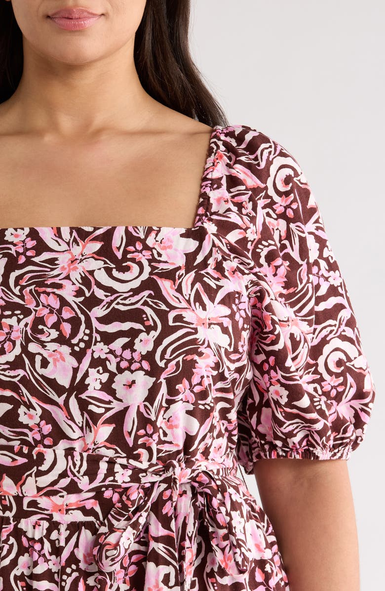 Caslon<sup>®</sup> Puff Sleeve Linen Blend Midi Dress, Alternate, color, Brown Chocolate Daisy Garden