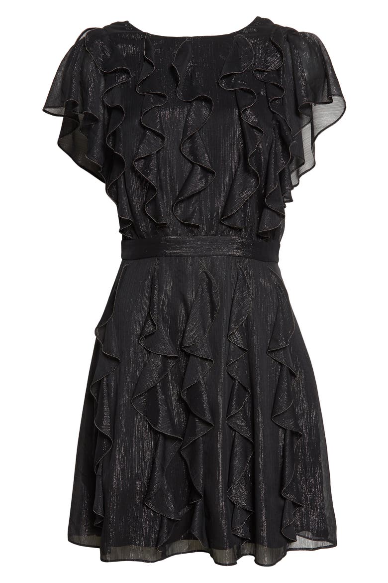 Dollei Metallic Ruffle Dress, Alternate, color, BLACK
