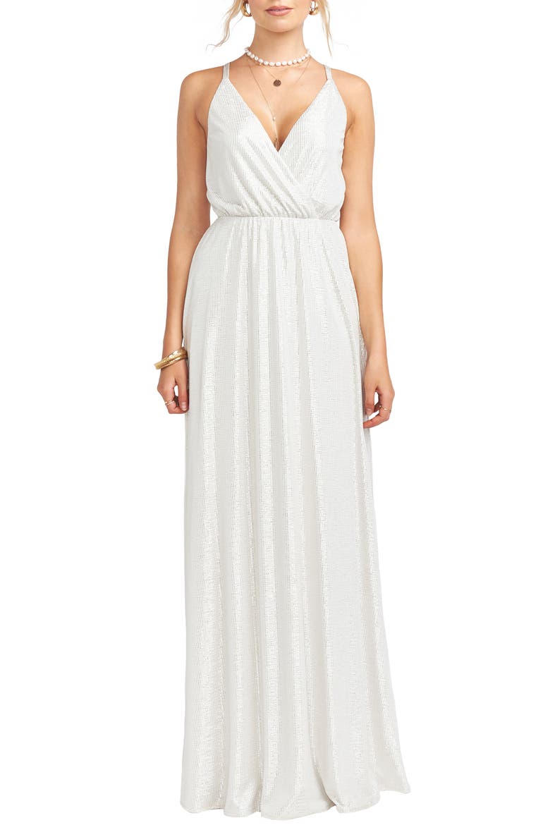 Dazzle Metallic Crossover Gown, Main, color, ROLLER GLITZ IVORY METALLIC