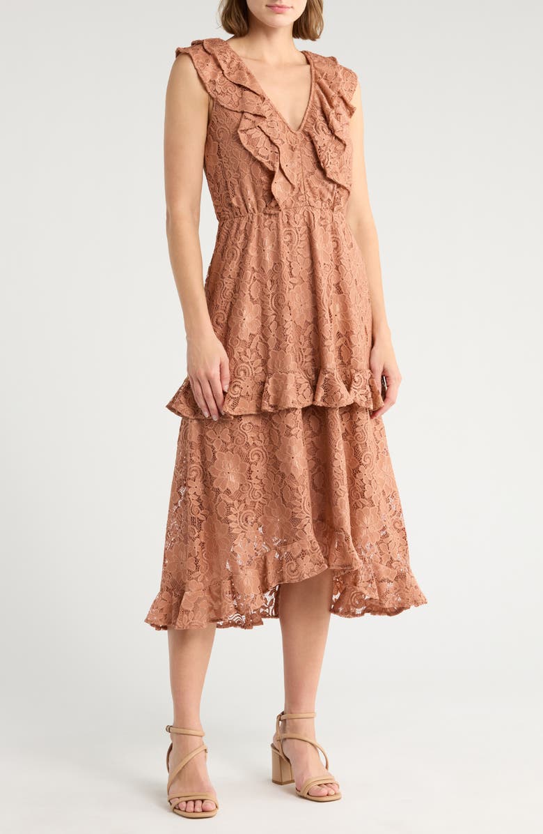 NSR Ruffle Lace Midi Dress, Main, color, Mocha Mousse