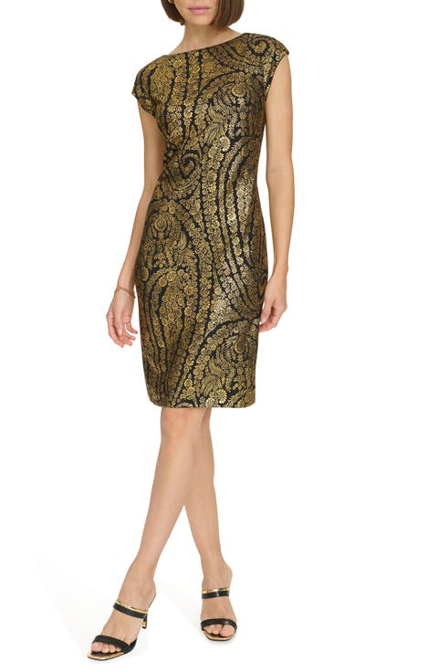 Floral Foiled Cap Sleeve Sheath Dress