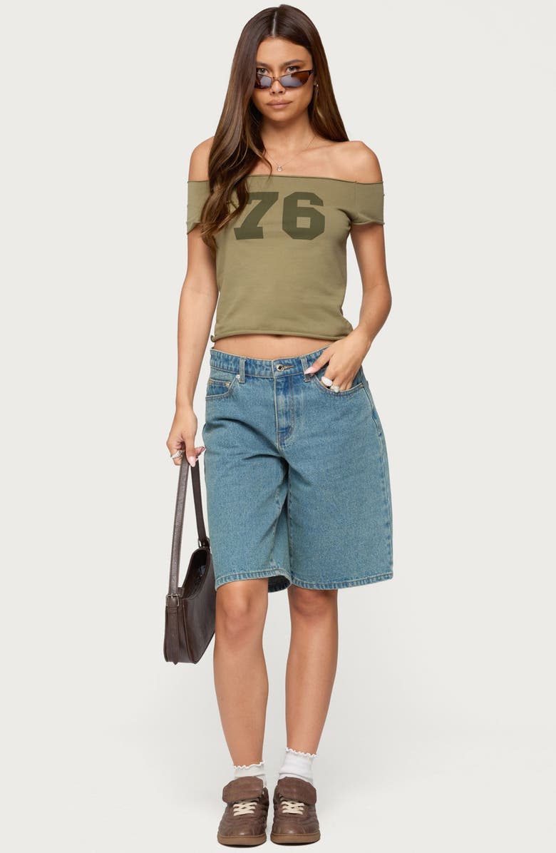 EDIKTED 76 Off the Shoulder Stretch Cotton Crop Top, Alternate, color, Olive