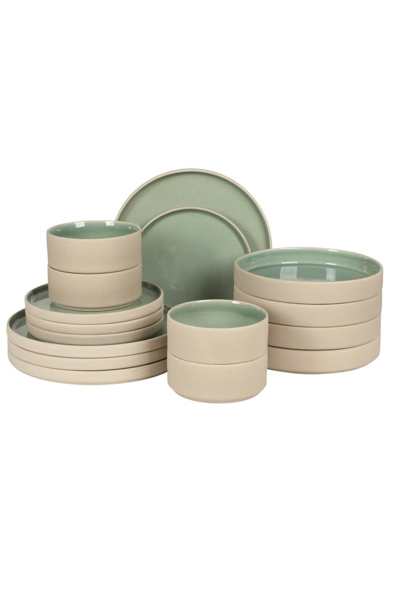 Liberty Bay 16-Piece Stoneware Stackable Plates and Double Bowl Dinnerware Set, Main, color, Mint