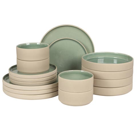 Liberty Bay 16-Piece Stoneware Stackable Plates and Double Bowl Dinnerware Set