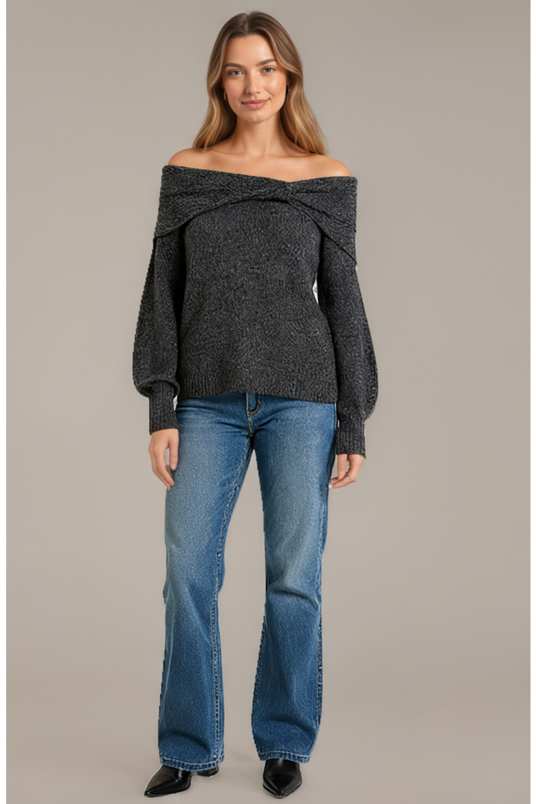Off-Shoulder Sweater with Twisted Neckline and Balloon Sleeves, Alternate, color, Black