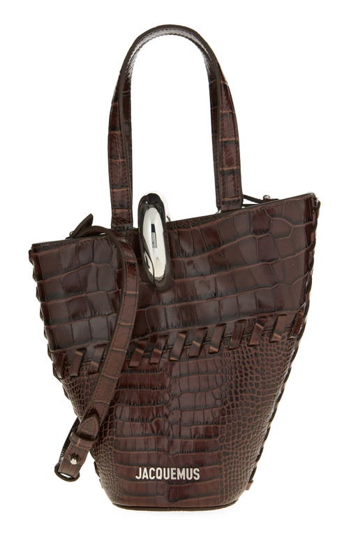 Jacquemus Le Petit Bambola Croc Embossed Leather Bucket Bag in Midnight Brown 890 at Nordstrom