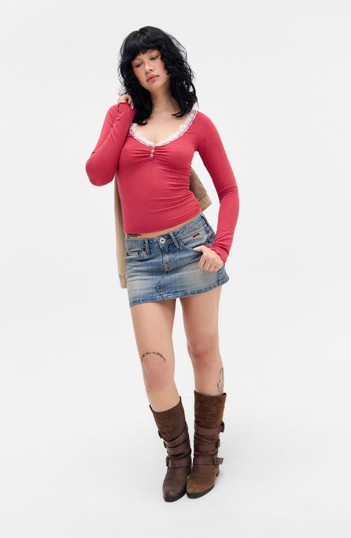Bdg Urban Outfitters Diana Lace Trim Crop Rib Knit Henley In Red