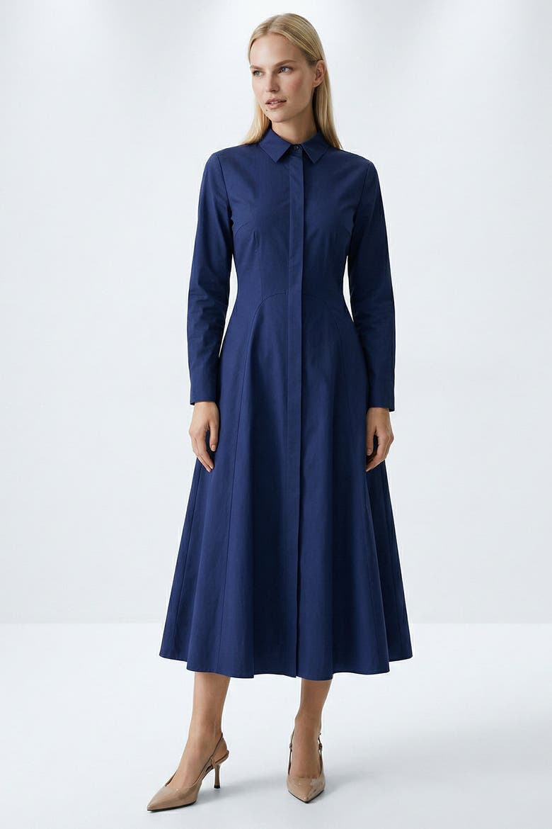 Fenetta Fitted Midi Shirt Dress, Alternate, color, Navy