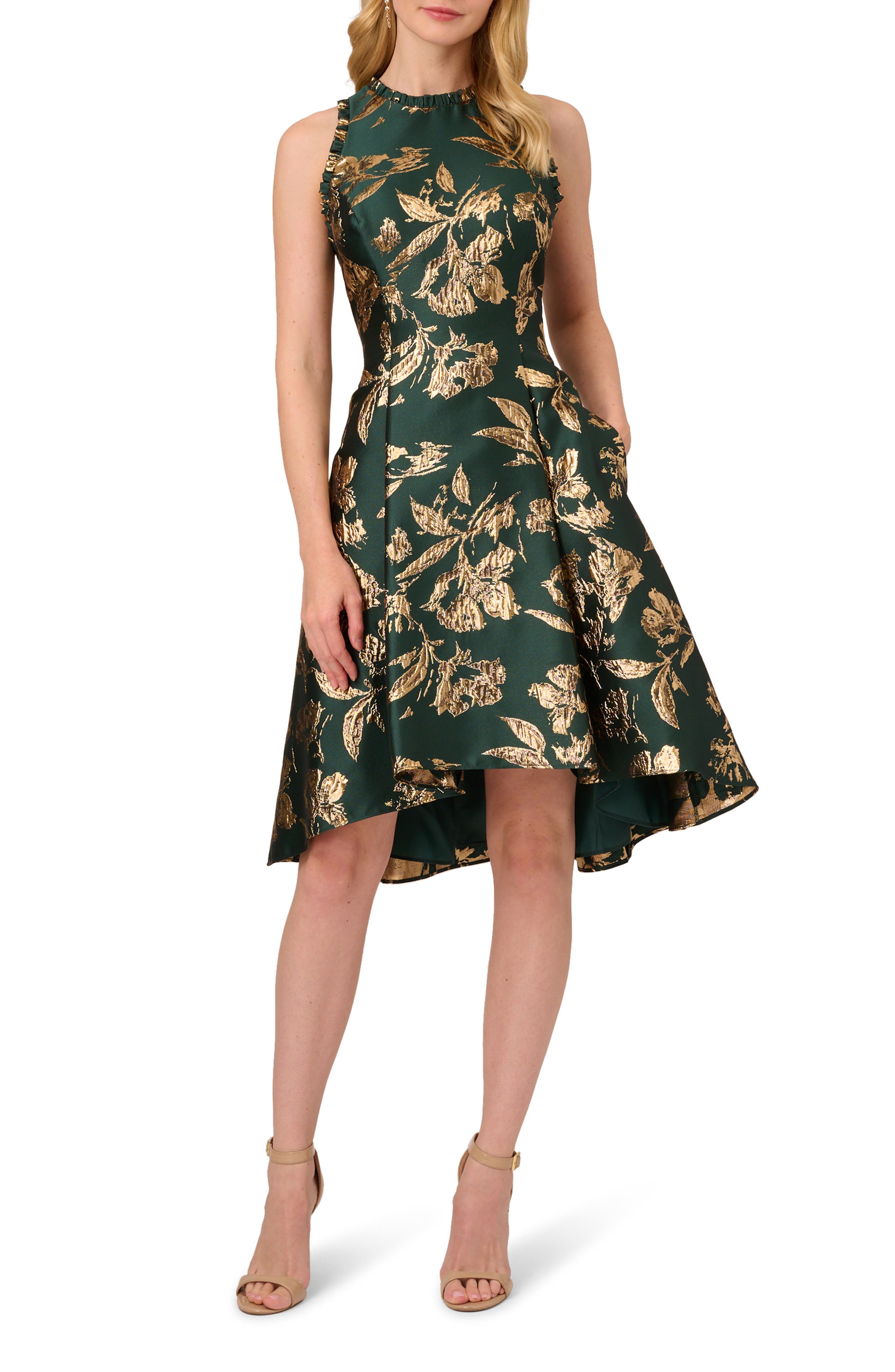 Ruffle Sleeveless Jacquard Cocktail Dress