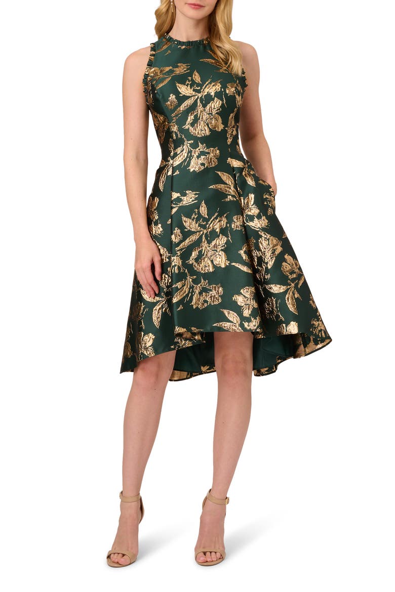 Ruffle Sleeveless Jacquard Cocktail Dress, Main, color, HUNTER