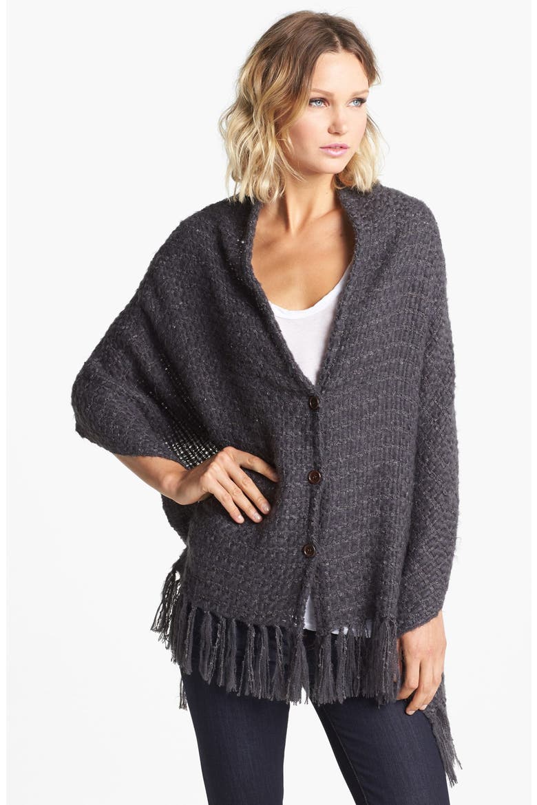 Fringed Button Front Wrap, Main, color, GREY FORGED
