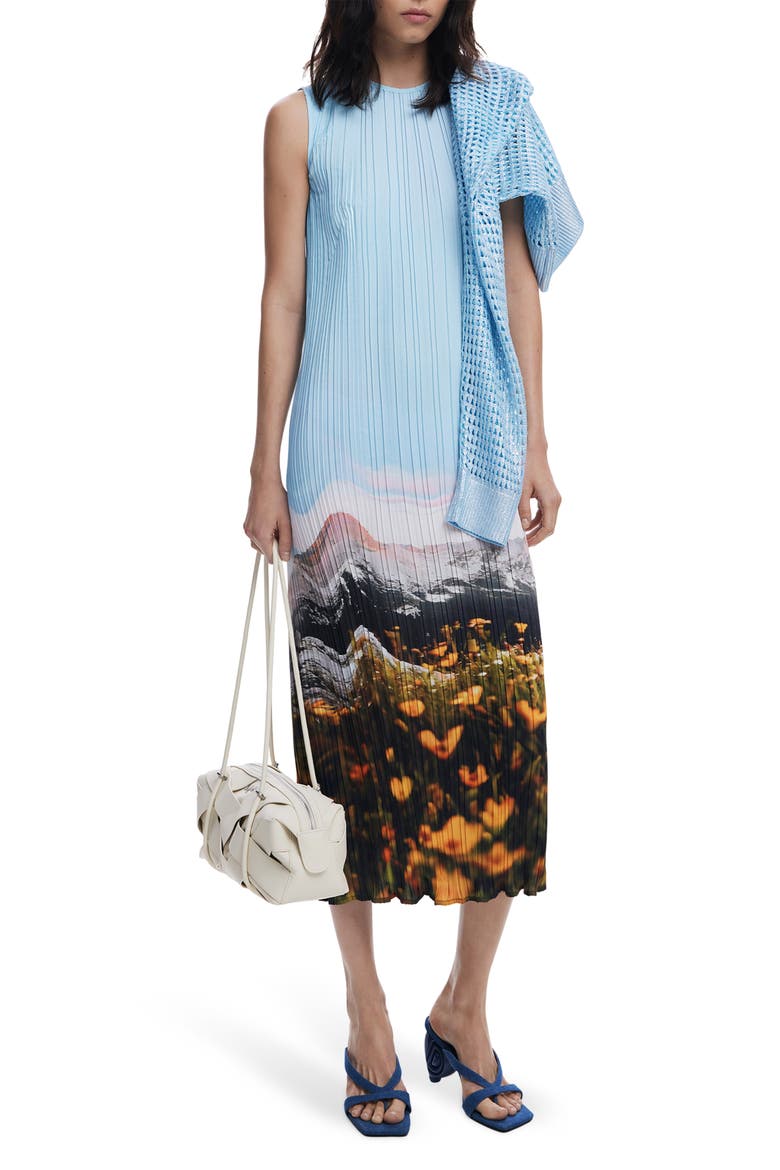 Landscape Plissé Shift Midi Dress, Main, color, LIGHT BLUE