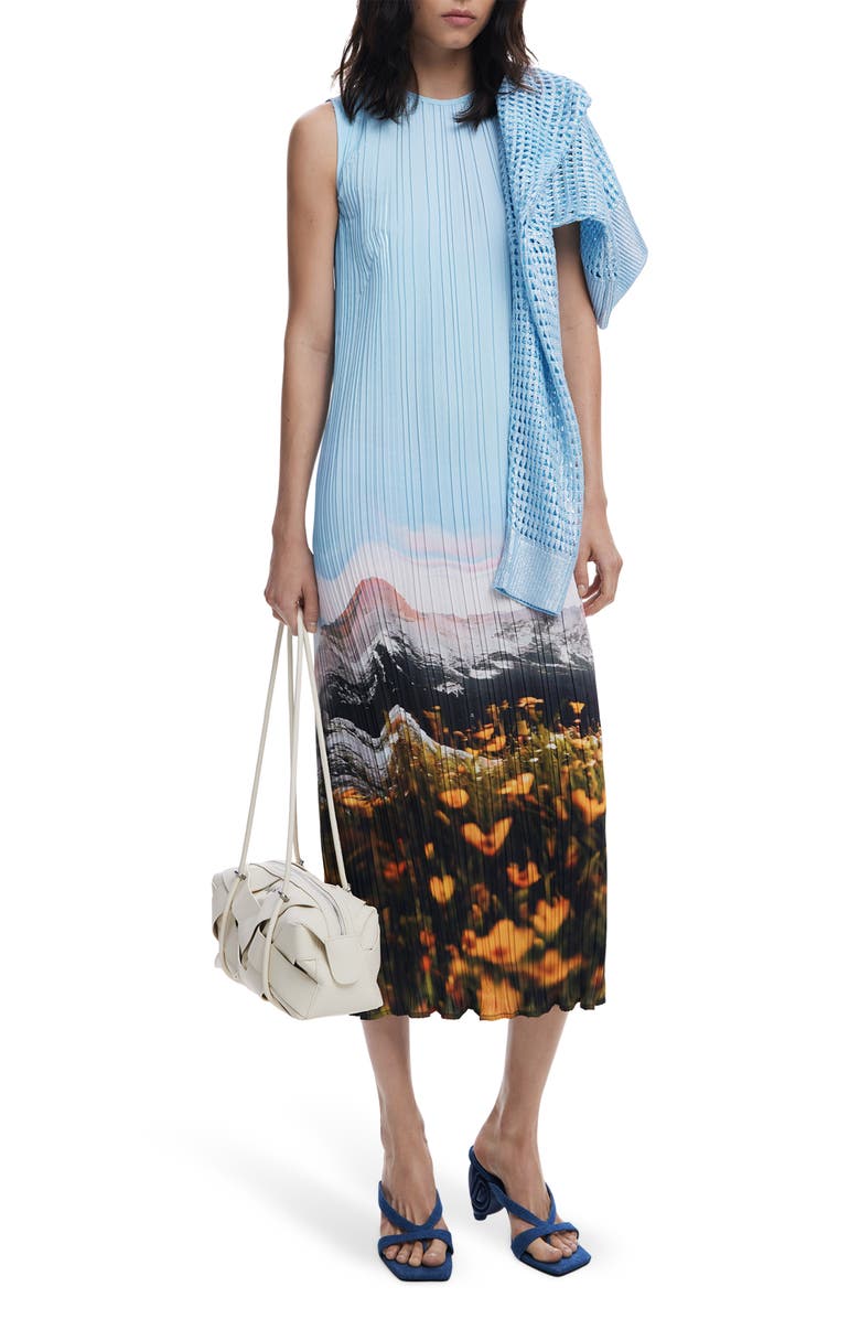 Desigual Landscape Plissé Shift Midi Dress, Main, color, Light Blue
