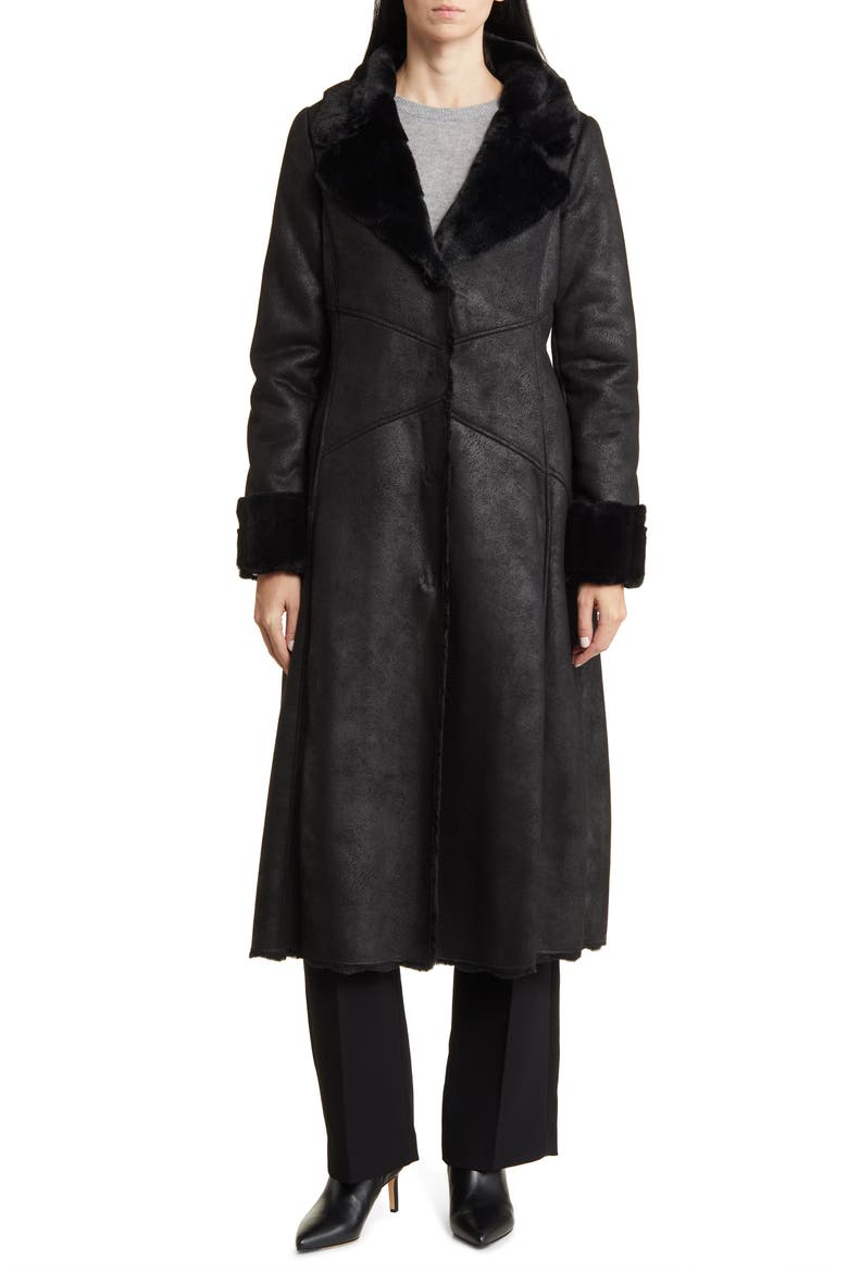 Longline Faux Shearling Coat, Main, color, BLACK