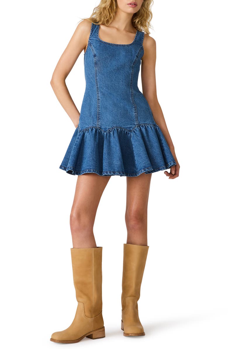 Steve Madden Igga Stretch Cotton Tiered Denim Minidress, Main, color, Imperial Blue