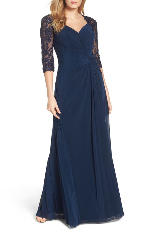 Jersey Gown with Knot Detail and Lace Sleeves