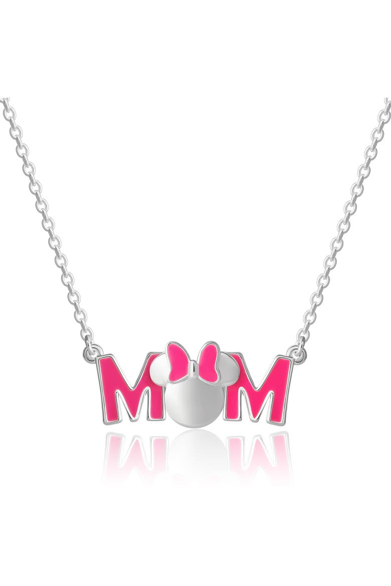 Pink Enamel Bow MOM Pendant Necklace, 18'' Chain, Main, color, Silver, pink
