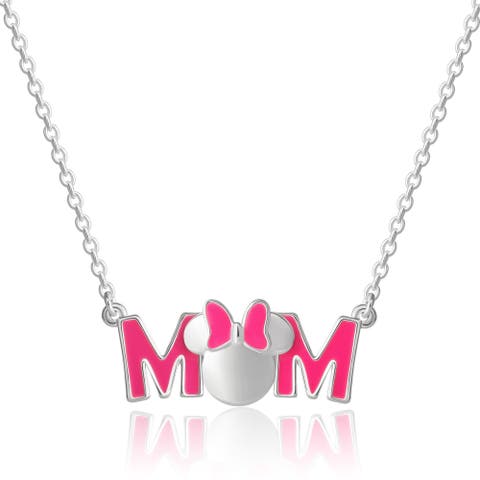Pink Enamel Bow MOM Pendant Necklace, 18'' Chain
