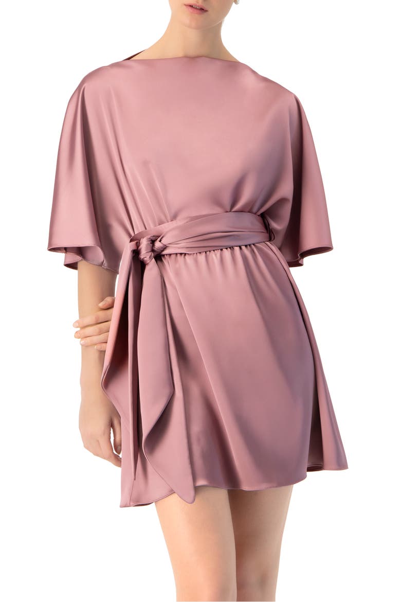Short Satin Dress with Waist Tie, Main, color, Dark Pink