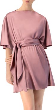 IVONNE Short Satin Dress with Waist Tie