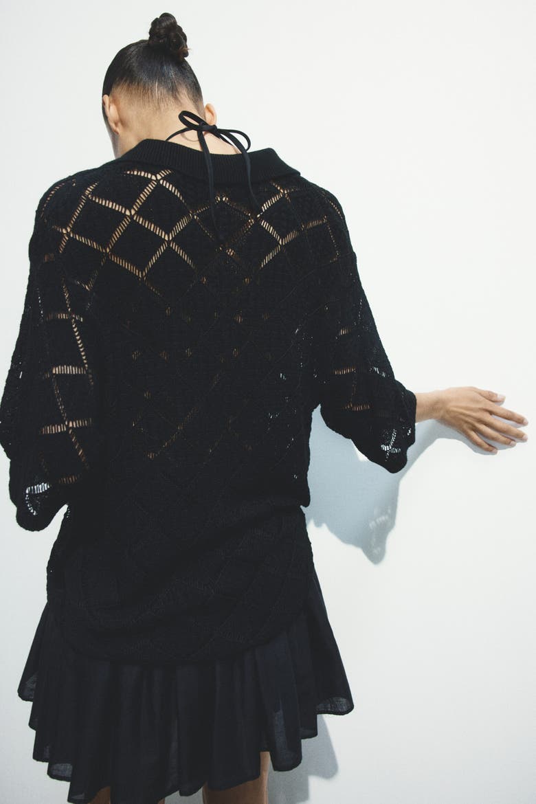 Crochet-look Polo Shirt, Alternate, color, Black