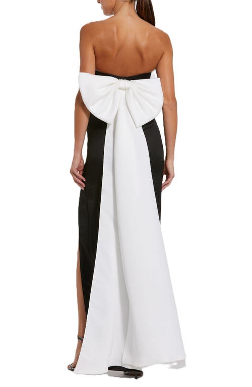 Mac Duggal Satin Strapless Bustier Gown With Oversized Bow In Black Ivory