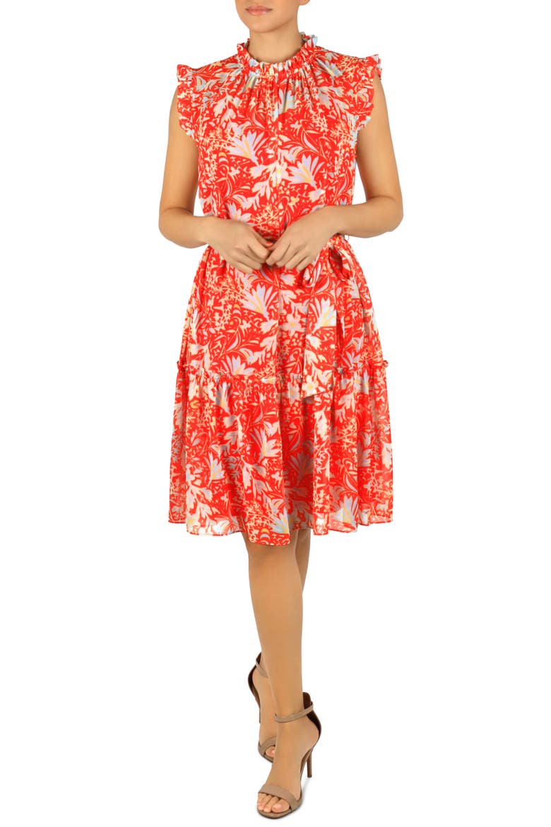 Ruffle Sleeve Fit & Flare Dress, Main, color, ORANGE MULTI