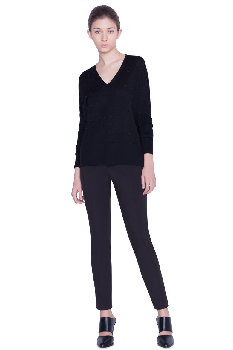 Studded V-Neck Merino Wool Sweater, Alternate, color, BLACK