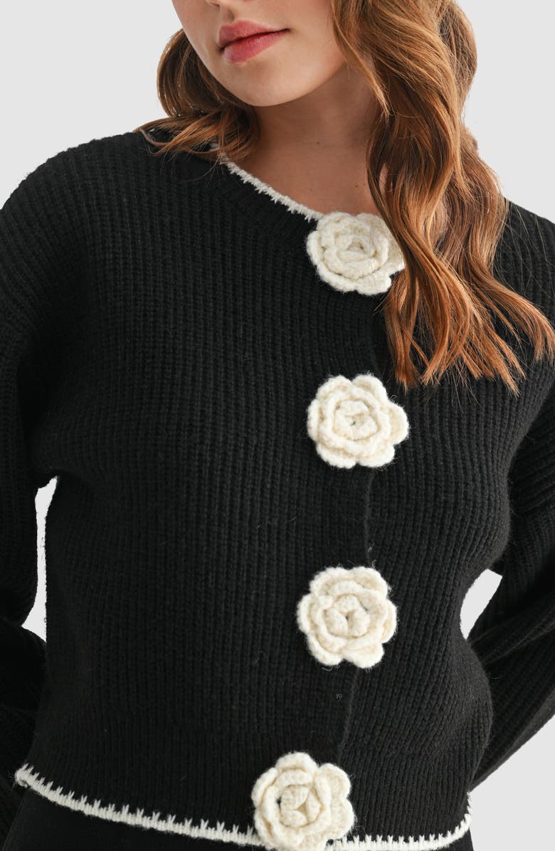 Lush Contrast Rosette Trim Cardigan Sweater, Alternate, color, Black White