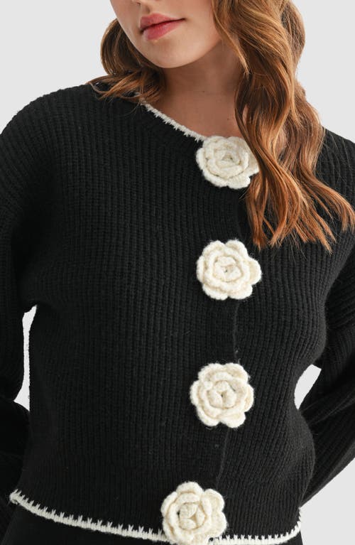 Lush Contrast Rosette Trim Cardigan Sweater In Black