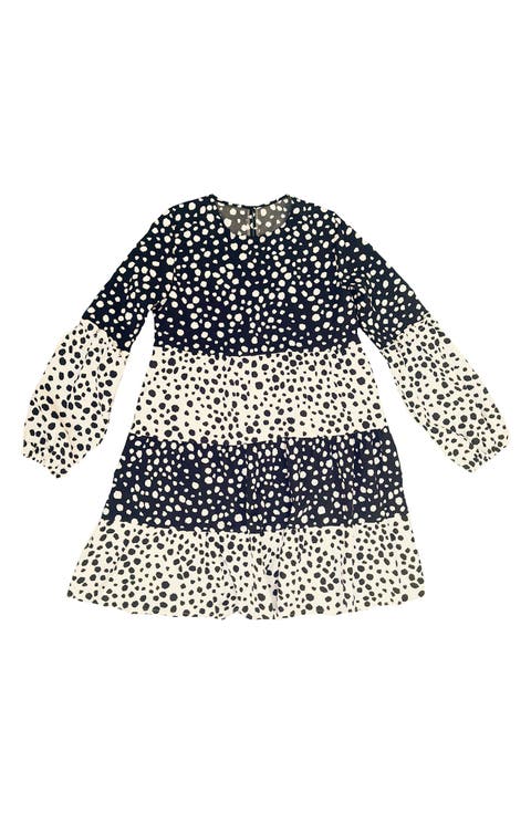 Women's Patchwork Dot Long Sleeve Babydoll Dress