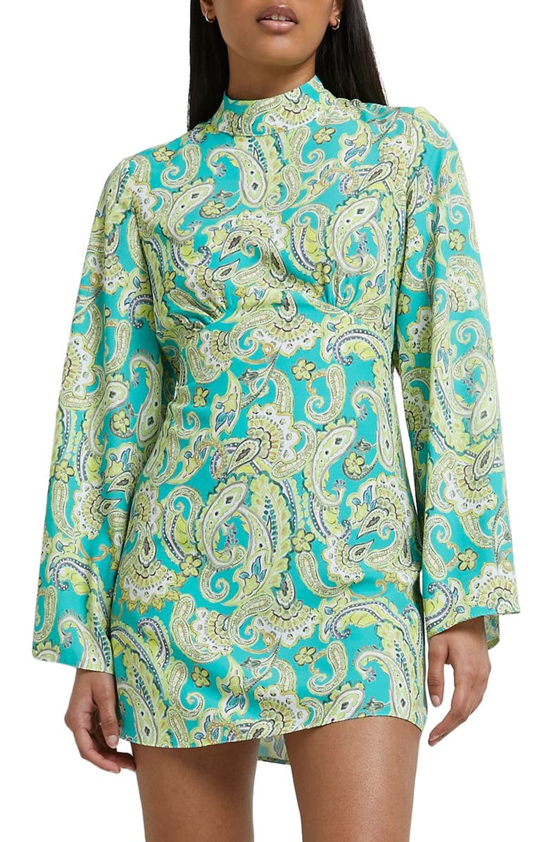 River Island Luna Paisley Print Long Sleeve Dress, Main, color, Green