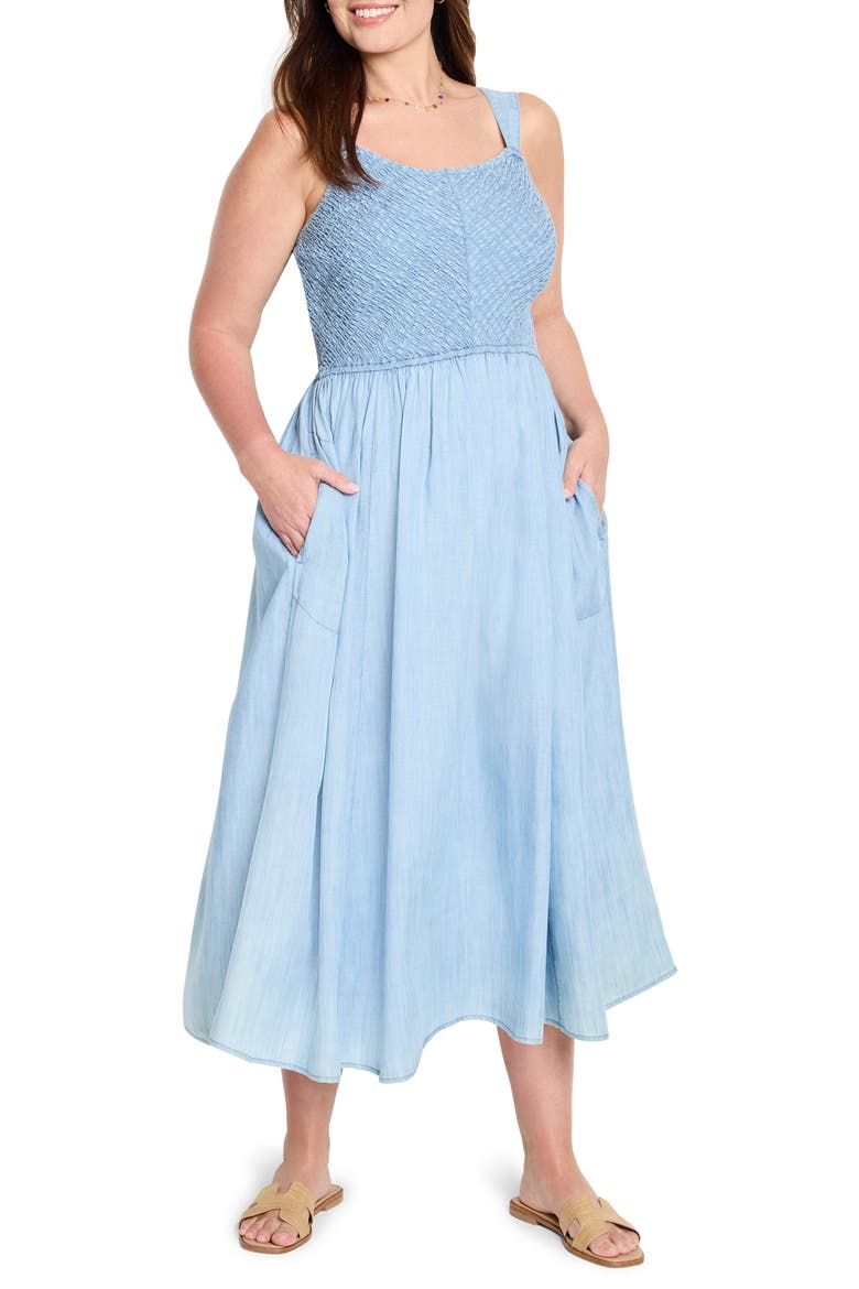Sarah Smocked Chambray Sundress, Main, color, MID WASH