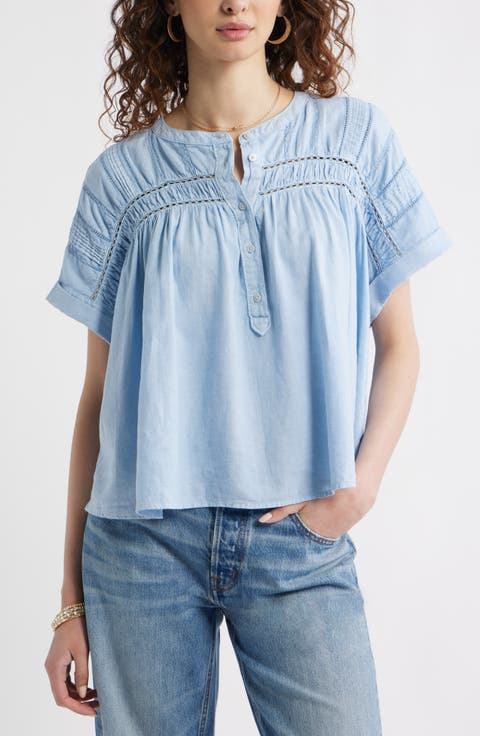 Pintuck Linen Blend Popover Top