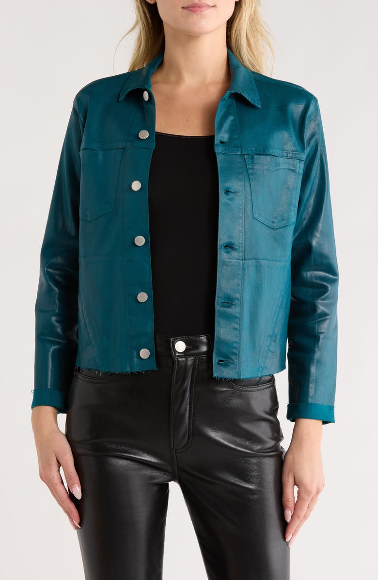 L'AGENCE Janelle Slim Fit Raw Hem Jacket, Main, color, Deep Teal Coated