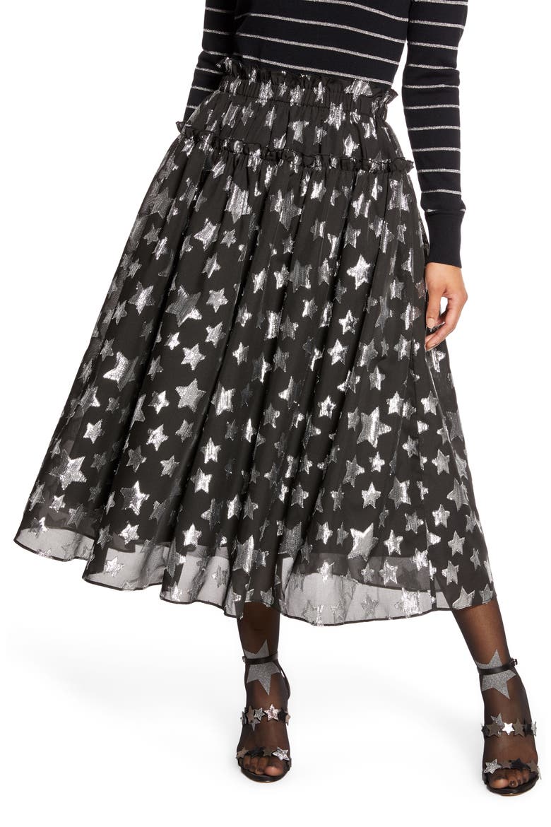 x Atlantic-Pacific Star Chiffon Midi Skirt (Nordstrom Exclusive), Main, color, BLACK- SILVER STARLIGHT PTN