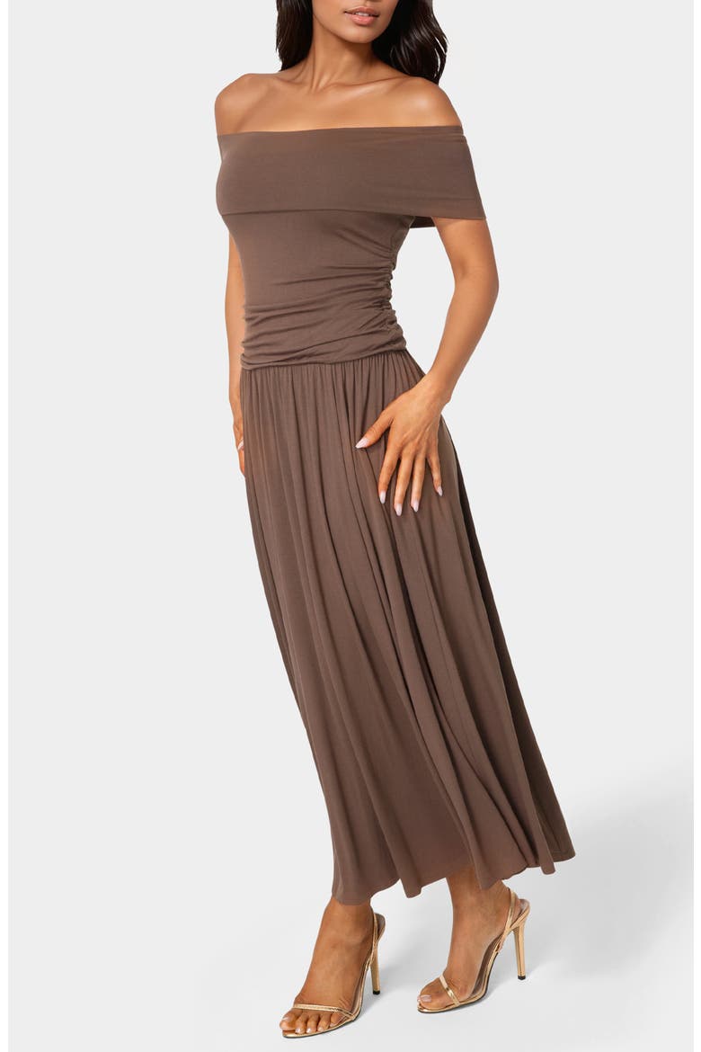 Off the Shoulder Drop Waist Maxi Dress, Alternate, color, CHOCOLATE