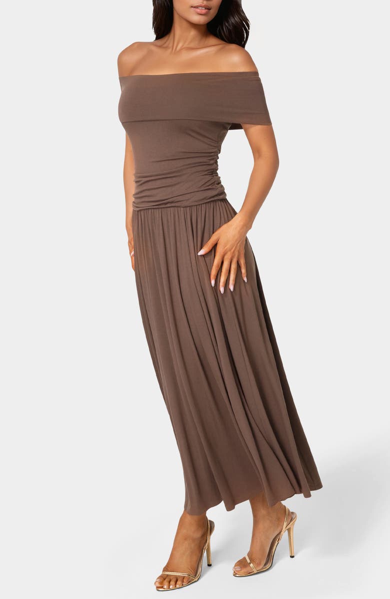bebe Off the Shoulder Drop Waist Maxi Dress, Alternate, color, Chocolate