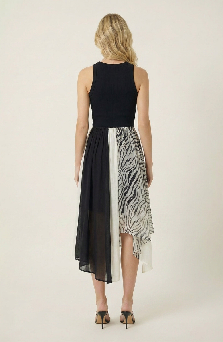 Modenaire Printed Sheer Overlay Asymmetrical Panel Midi Skirt, Alternate, color, Black