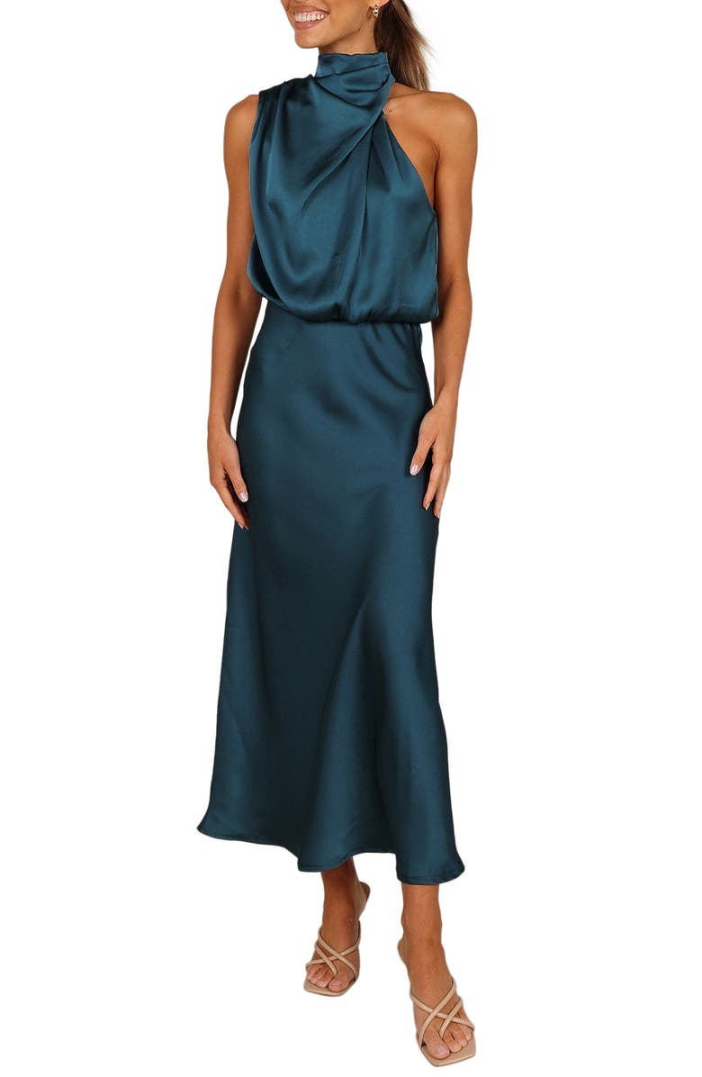 Petal & Pup Annabelle Satin Midi Dress, Main, color, Teal