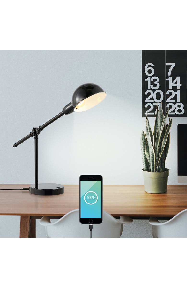 JONATHAN Y Curtis Vintage Industrial Iron Adjustable Dome Shade LED Task Lamp with USB Charging Port, Alternate, color, Black