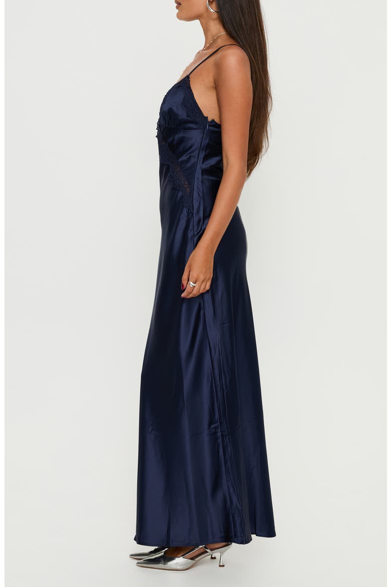 Madelene Lace Trim Satin Gown, Alternate, color, NAVY