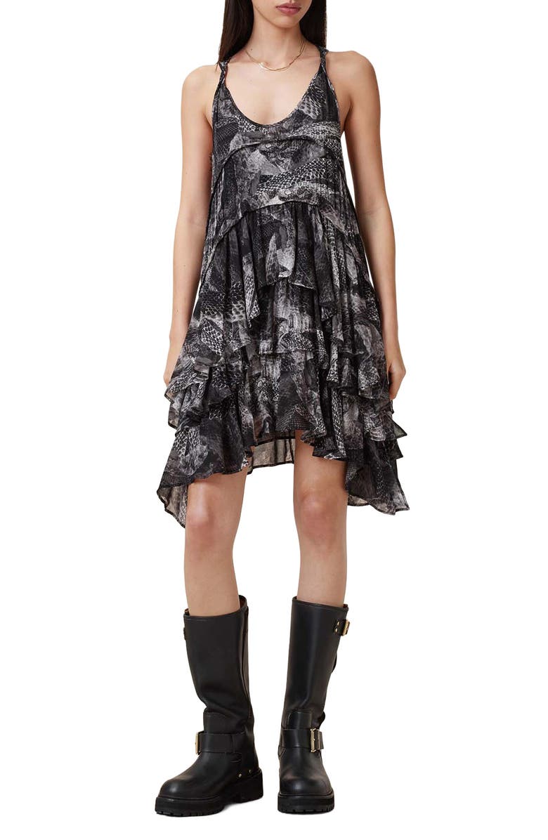 AllSaints Cavarly Snakeskin Print Tiered Asymmetric Hem Dress, Main, color,