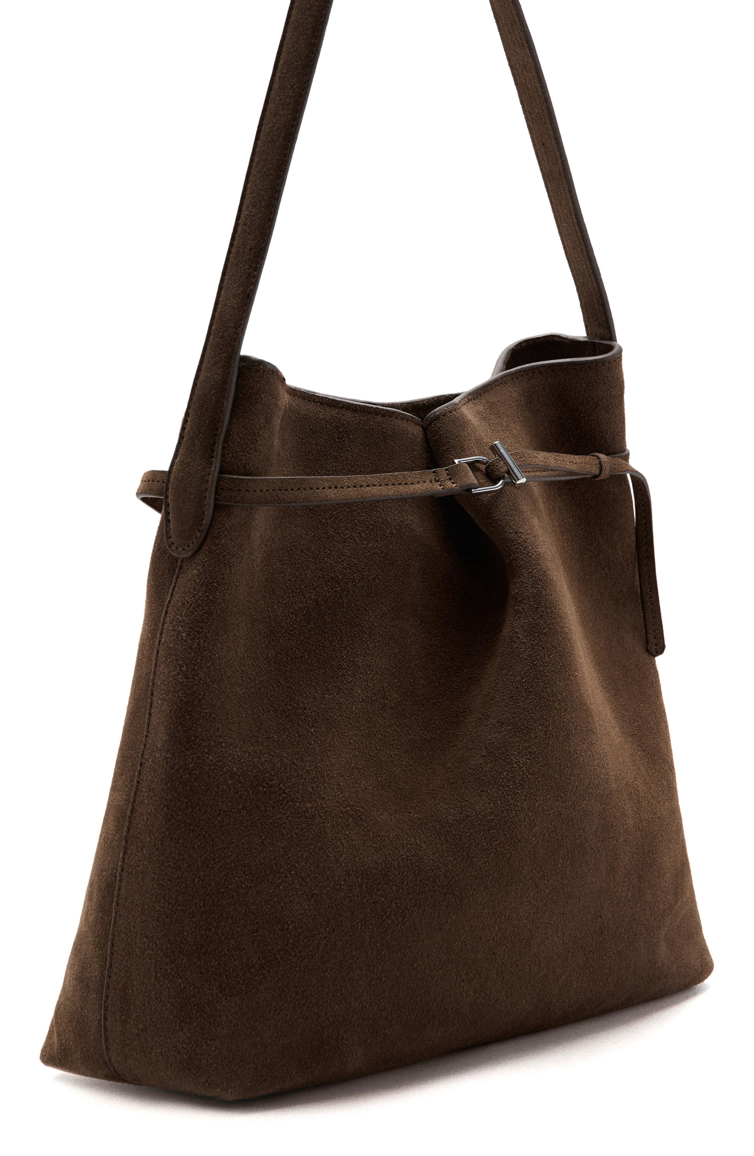 MANGO Suede Buckle Bucket Bag, Alternate, color, 