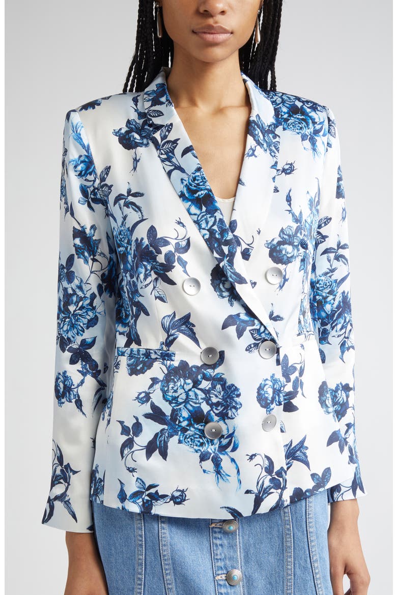 Colin Floral Double Breasted Silk Blazer, Alternate, color, WHITE/ BLUE PAINTERLY FLORAL