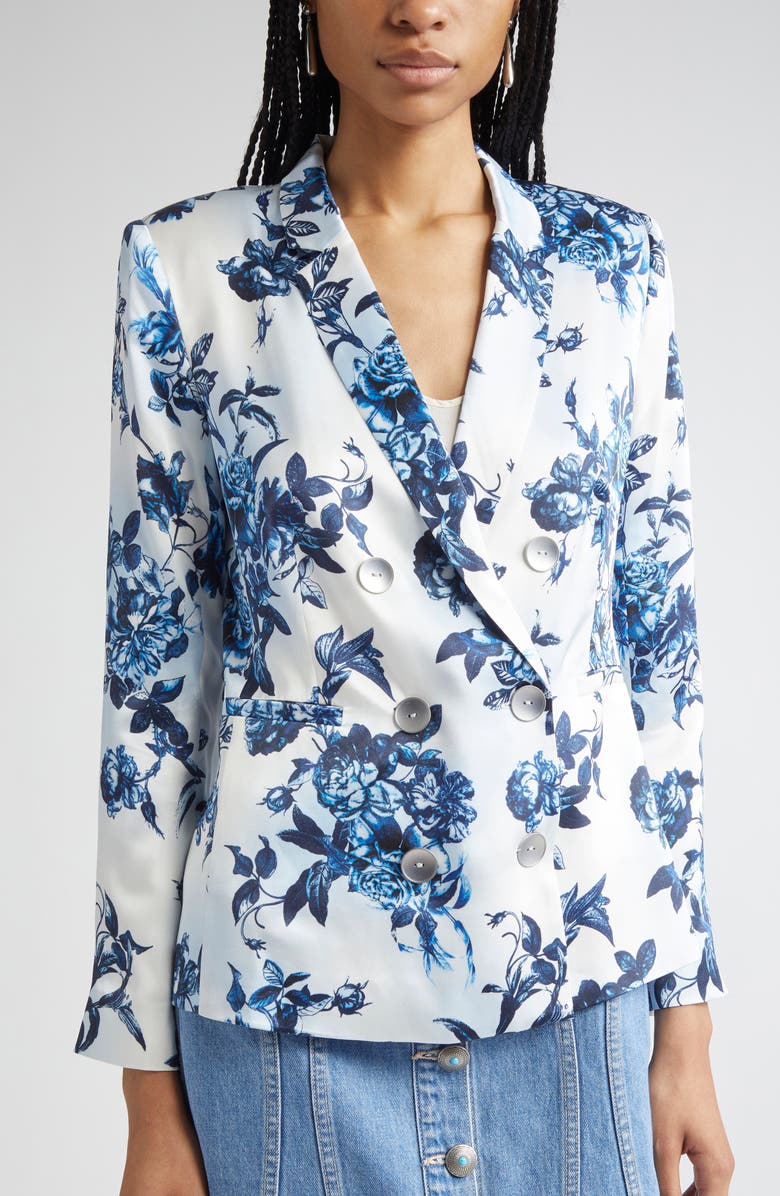 L'AGENCE Colin Floral Double Breasted Silk Blazer, Alternate, color, White/ Blue Painterly Floral