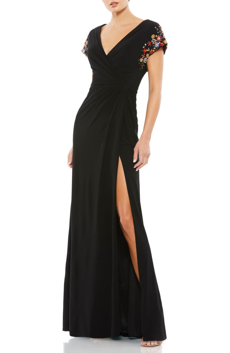 Mac Duggal Embellished Cap Sleeve Jersey Wrap Gown, Main, color, Black Multi