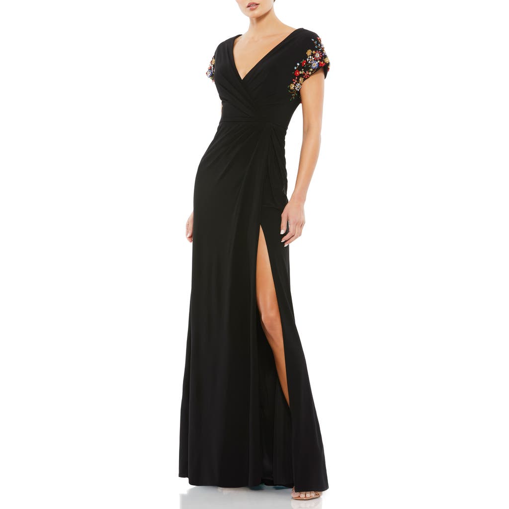 Mac Duggal Embellished Sleeve Jersey Wrap Gown In Black