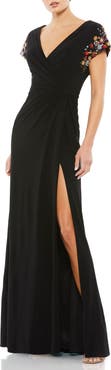 Mac Duggal Embellished Cap Sleeve Jersey Wrap Gown