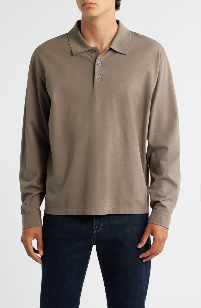 FRAME Long Sleeve Piqué Polo, Main, color, Smoky Mocha